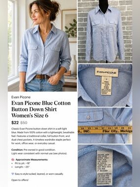 Evan Picone Blue Cotton Button Down Shirt Women’s Size 6 Classic Career Office